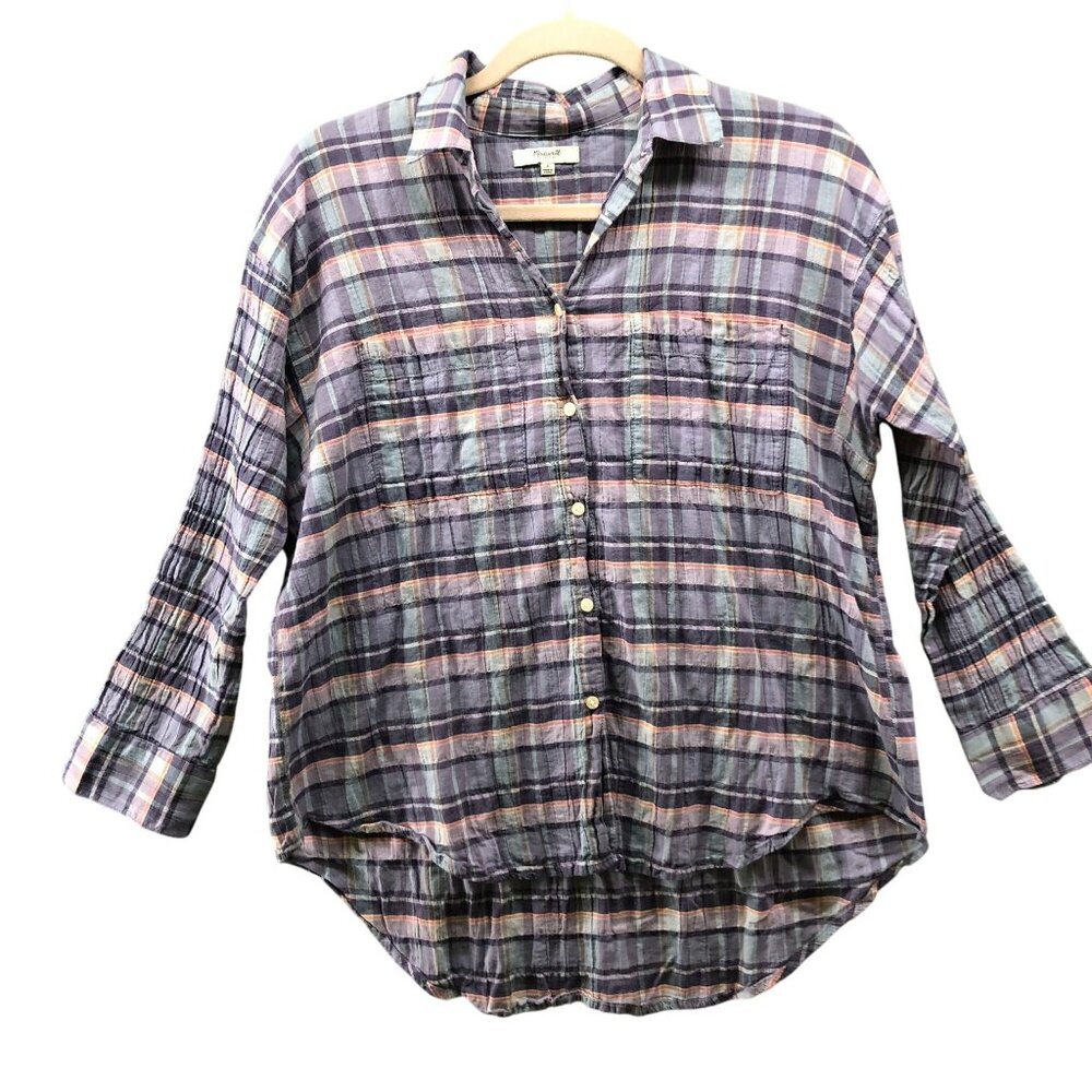 Madewell Shrunken Trapeze Shirt Womens S‎ Purple Plaid 3/4 Sleeve Lightweight